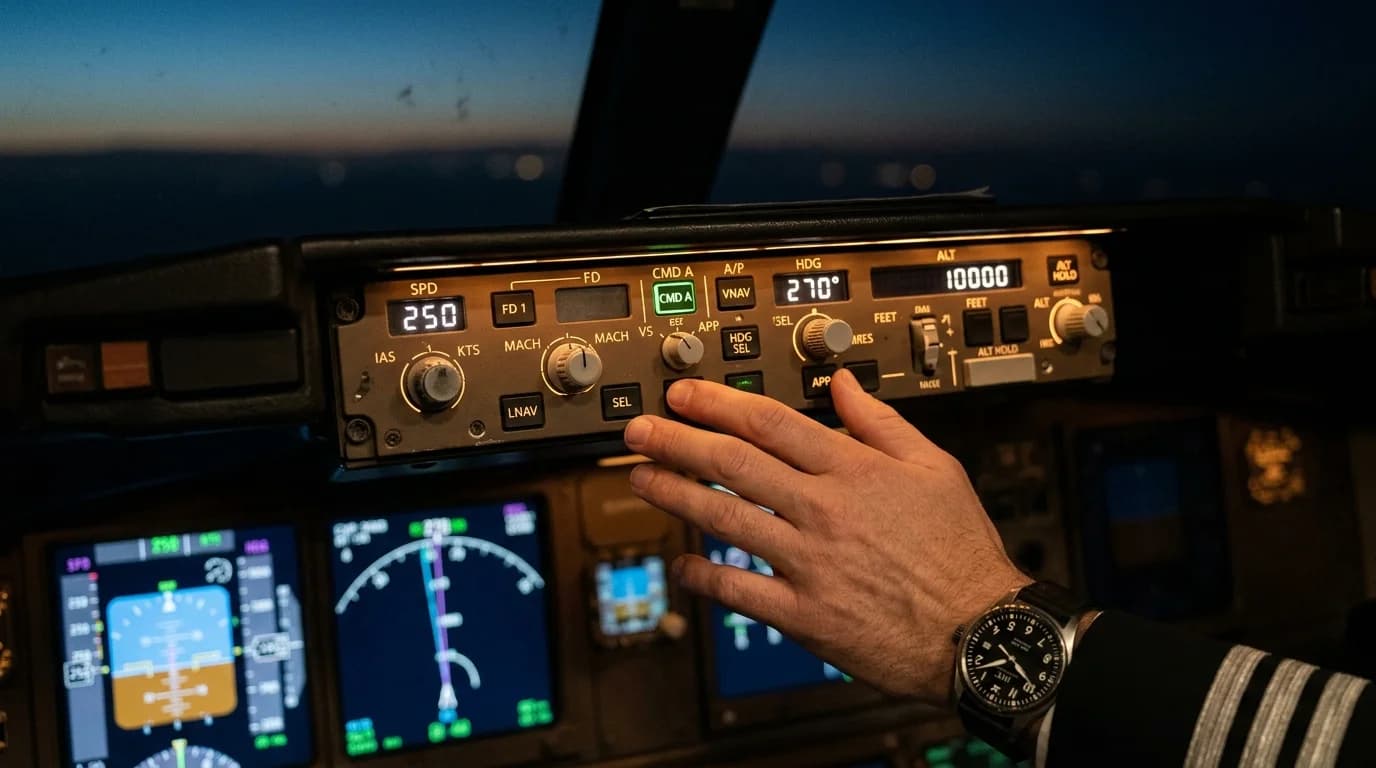 Boeing 737 Mode Control Panel with autopilot engaged — pilot monitoring, not intervening