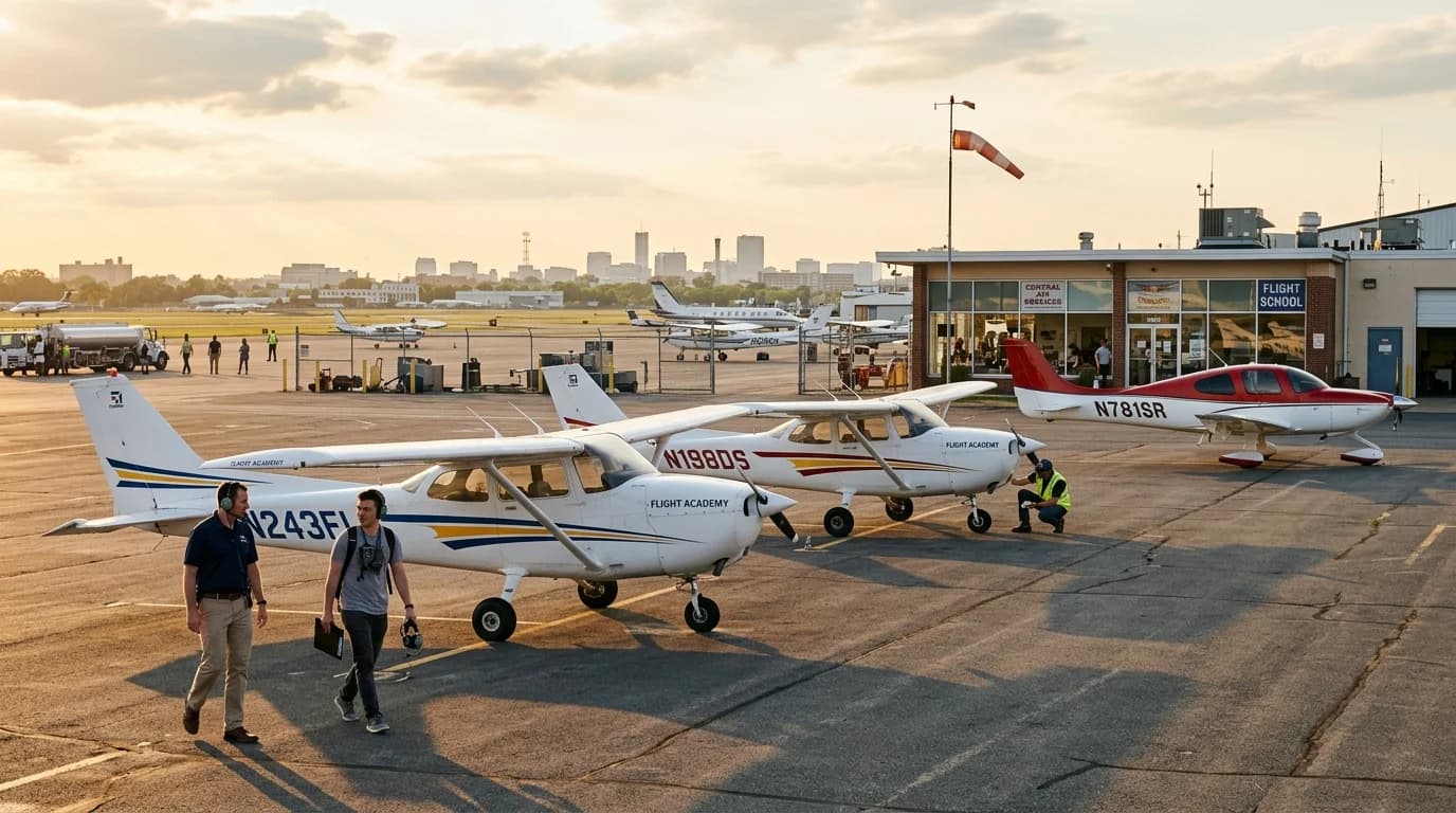 Busy flight school ramp with Cessna 172s and Cirrus SR22 at golden hour — real aviation operations