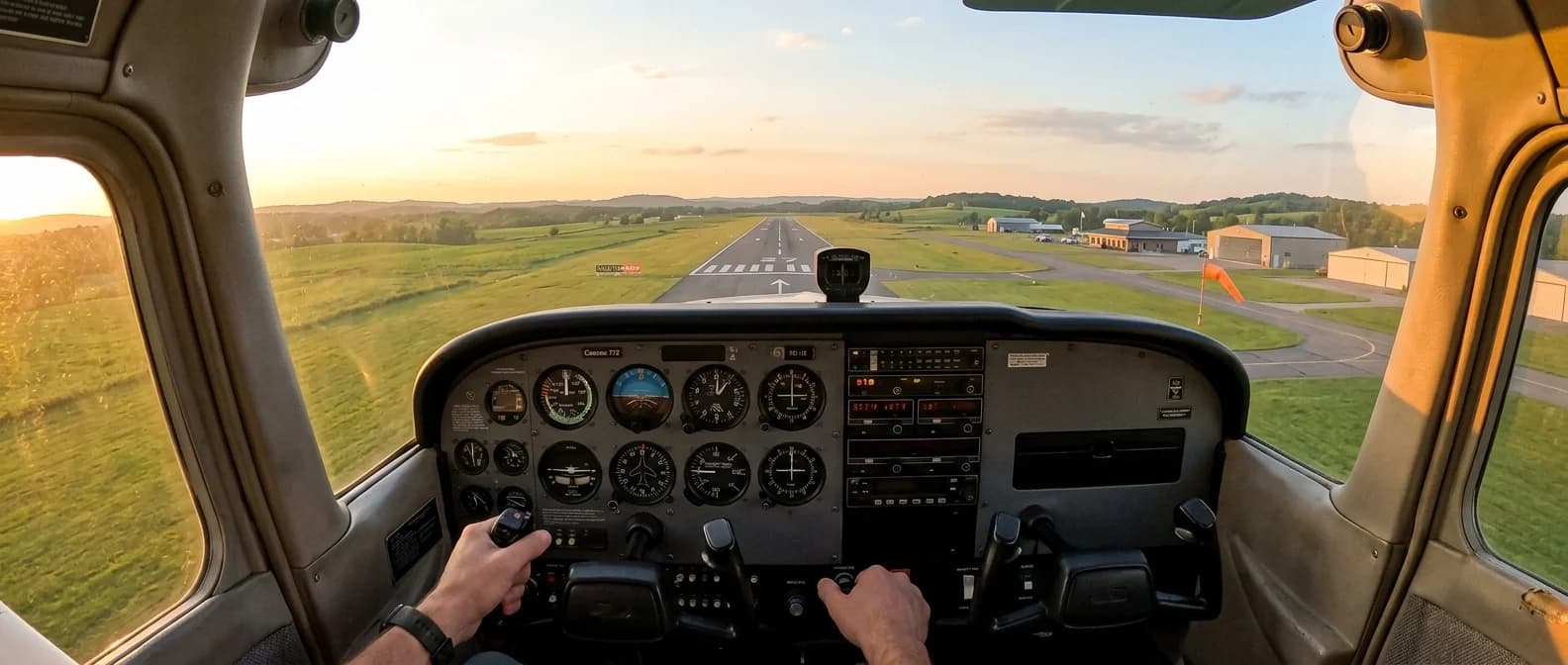 View from Cessna cockpit on final approach at golden hour