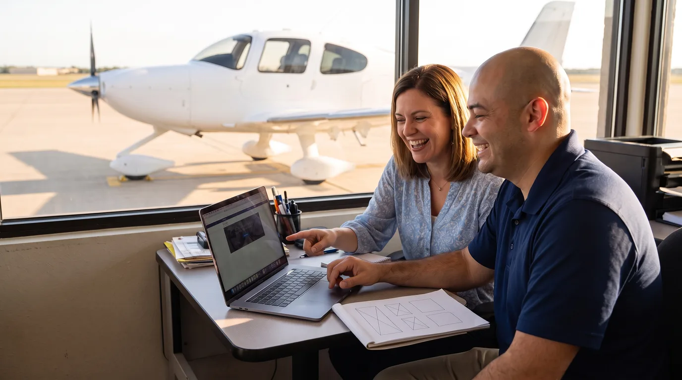 Julian Alarcon and a flight school owner reviewing her website at a laptop, a Cirrus SR22 on the ramp outside (AI-generated)