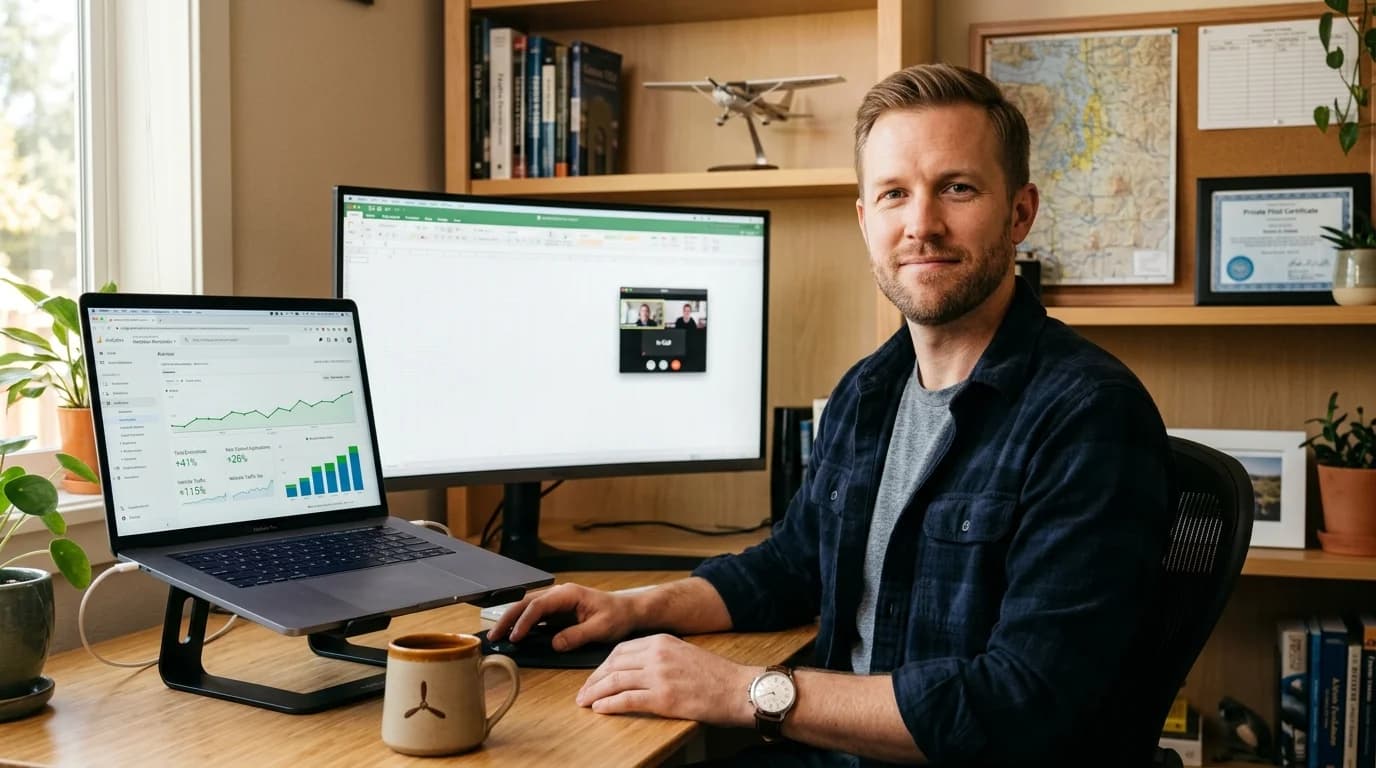 Aviation business owner learning organic marketing during a video consultation (AI-generated)