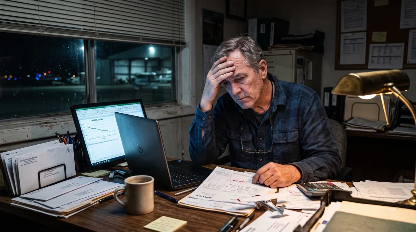 Aviation business owner reviewing an agency invoice in a small office (AI-generated)
