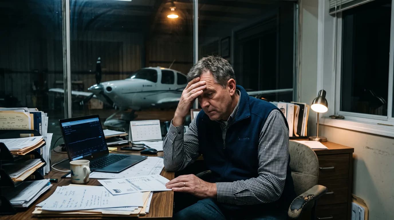 Flight school owner alone at night reading an agency invoice, his Cirrus dark in the hangar behind him (AI-generated)