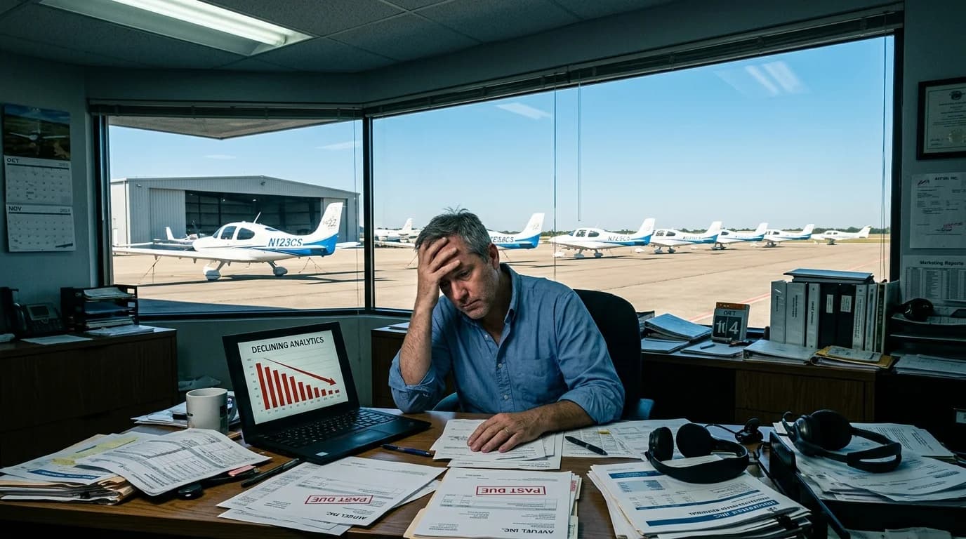 Flight school owner frustrated at desk while Cirrus fleet sits idle on a perfect flying day