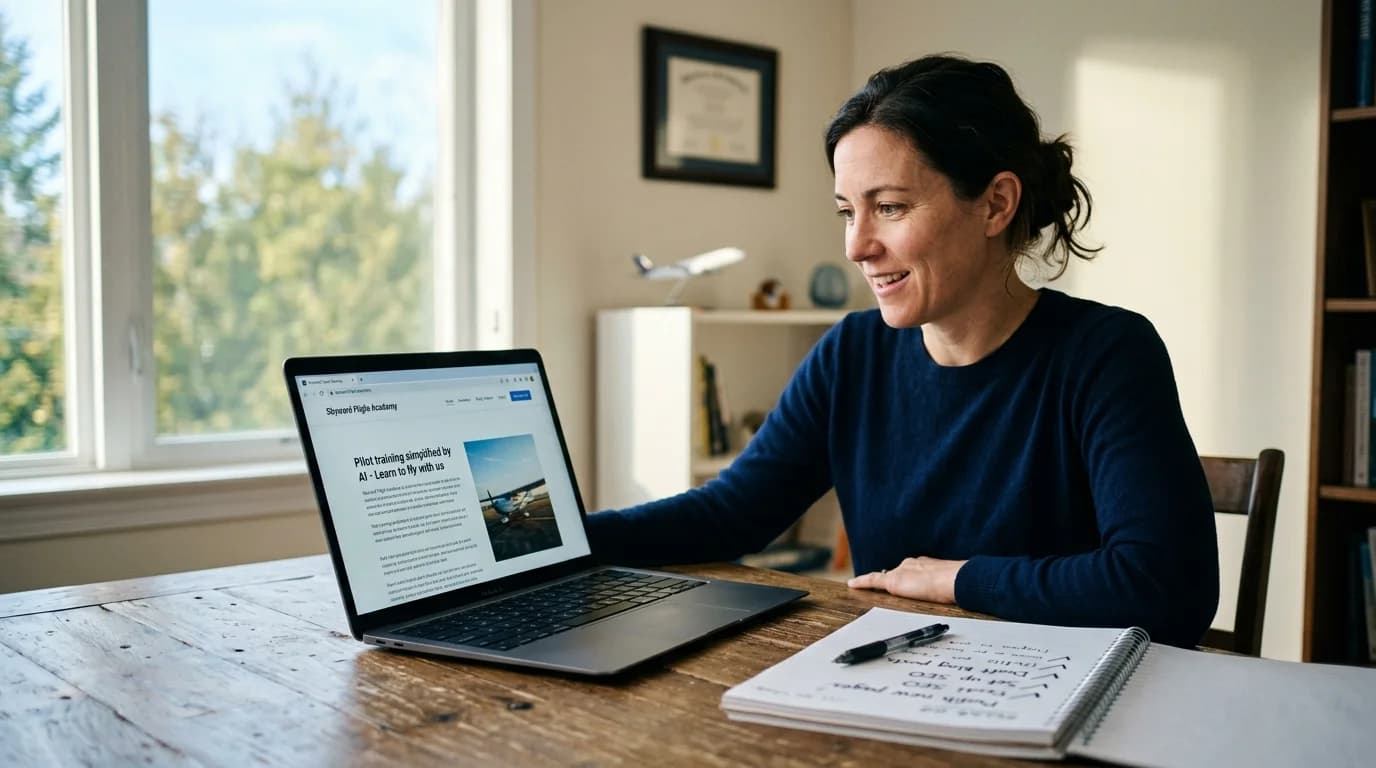 Aviation business owner using AI tools to create marketing content with expert coaching via video call