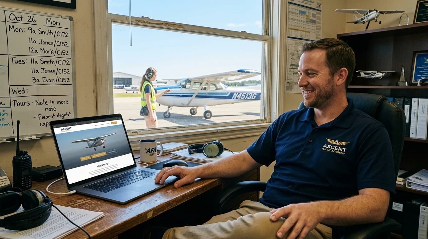 Flight school owner building his own website at his FBO office with a Cessna visible on the ramp